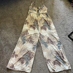 Final Touch Palm Print Jumpsuit Wide Leg Spaghetti Strap Tan Size L